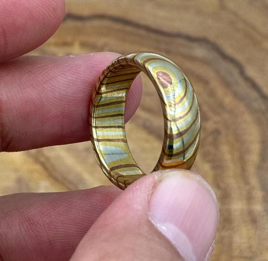 Handcrafted Domed Mokume Gane Ring: Copper, Brass & Silver Nickel
