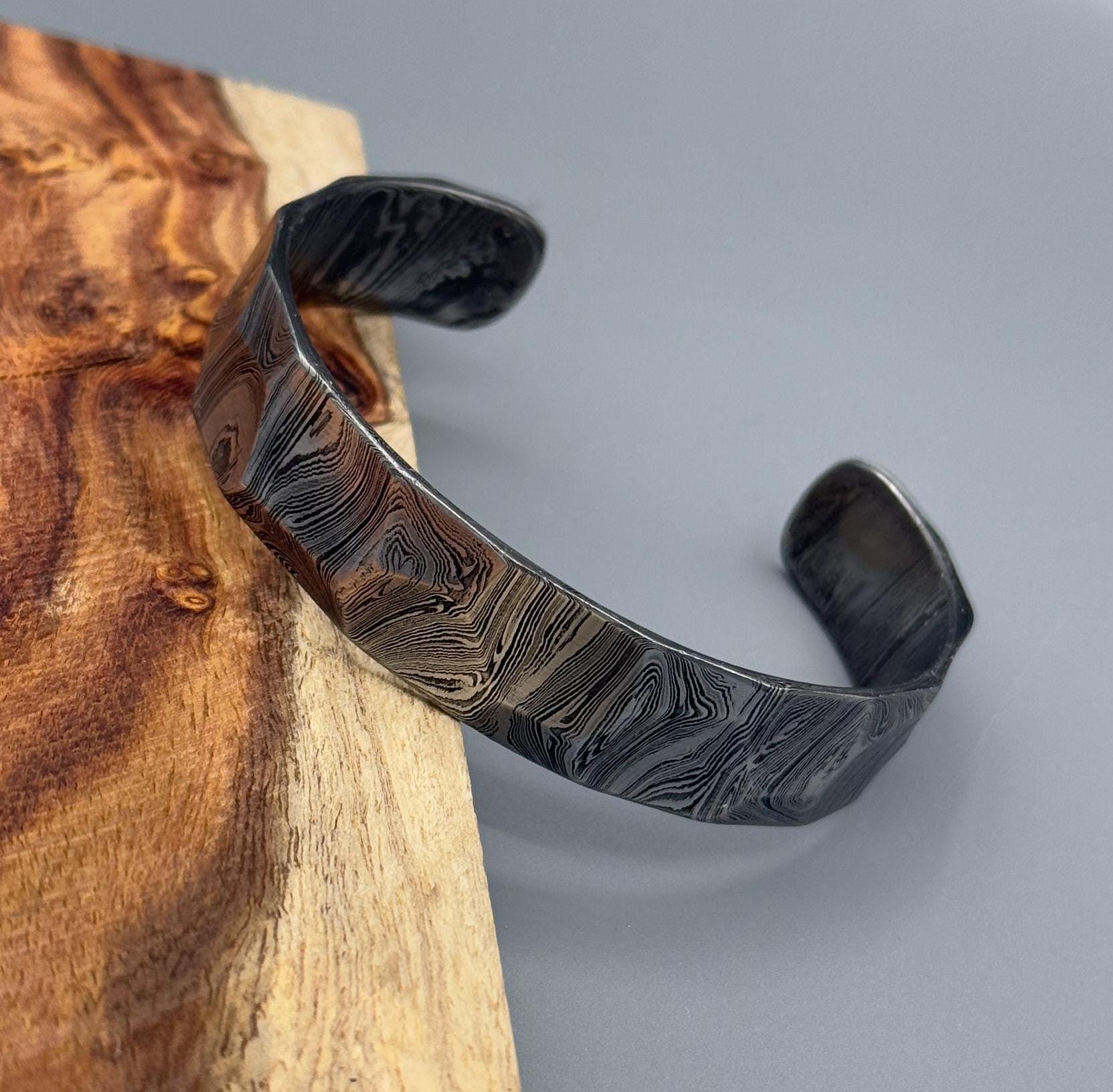 Hand Forged Damascus Steel Cuff Bracelet: Viking Style