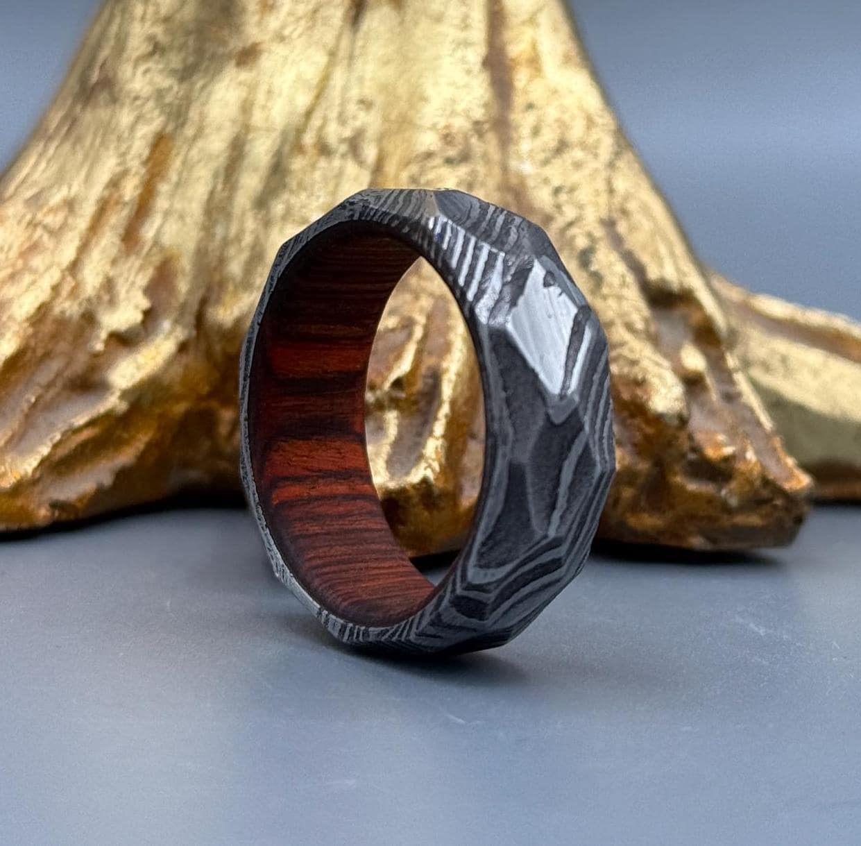 Damascus Steel Men's Ring 8mm - Hammered Texture Wedding Band