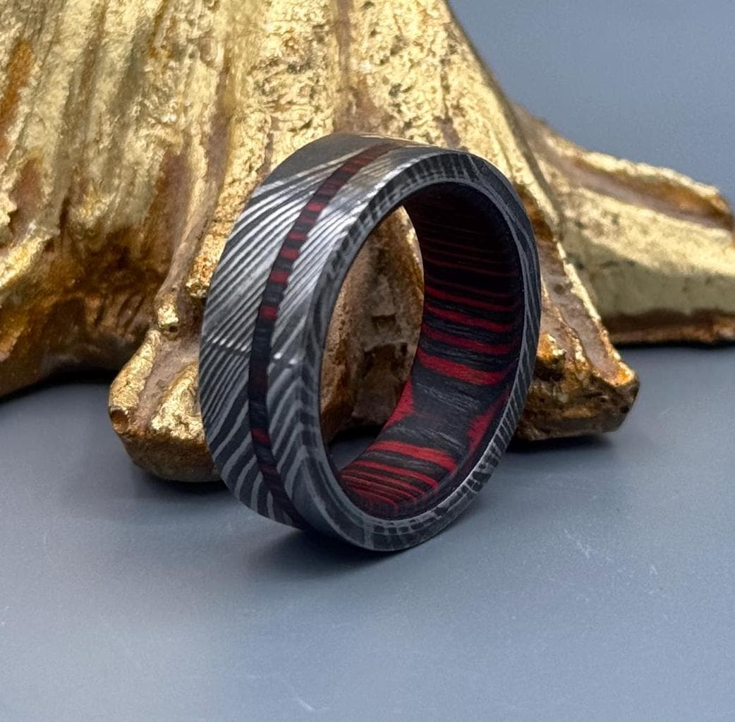 Damascus Steel Ring with Whisky Barrel Wood Inlay - 5mm to 8mm