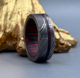 Damascus Steel Ring with Whisky Barrel Wood Inlay - 5mm to 8mm