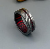 Damascus Steel Ring with Whisky Barrel Wood Inlay - 5mm to 8mm