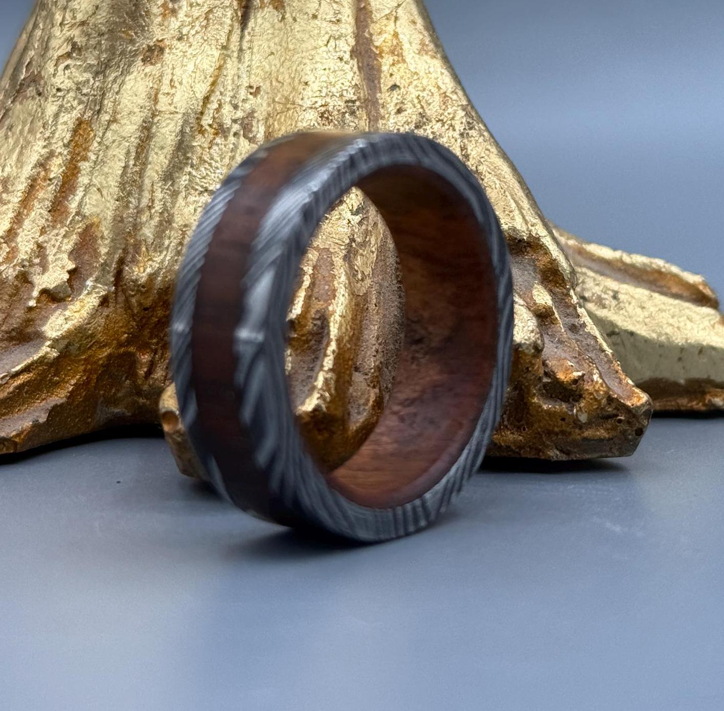 Handmade Damascus Steel Ring with Whisky Barrel Wood Inlay