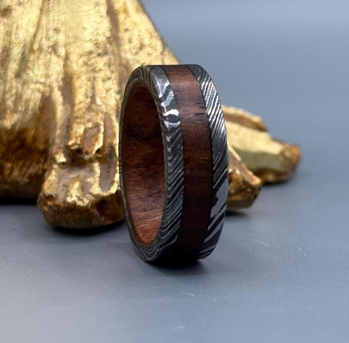 Handmade Damascus Steel Ring with Whisky Barrel Wood Inlay