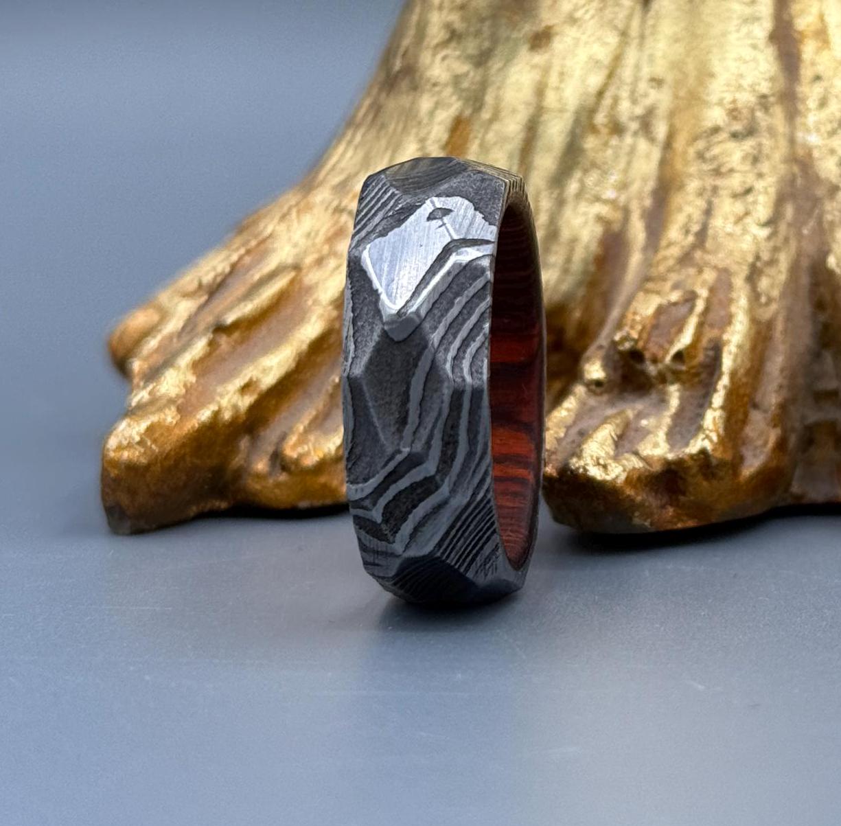 Damascus Steel Men's Ring 8mm - Hammered Texture Wedding Band
