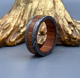 Damascus Steel Ring - Whisky Barrel Wood Inlay - Hammered Wedding Band