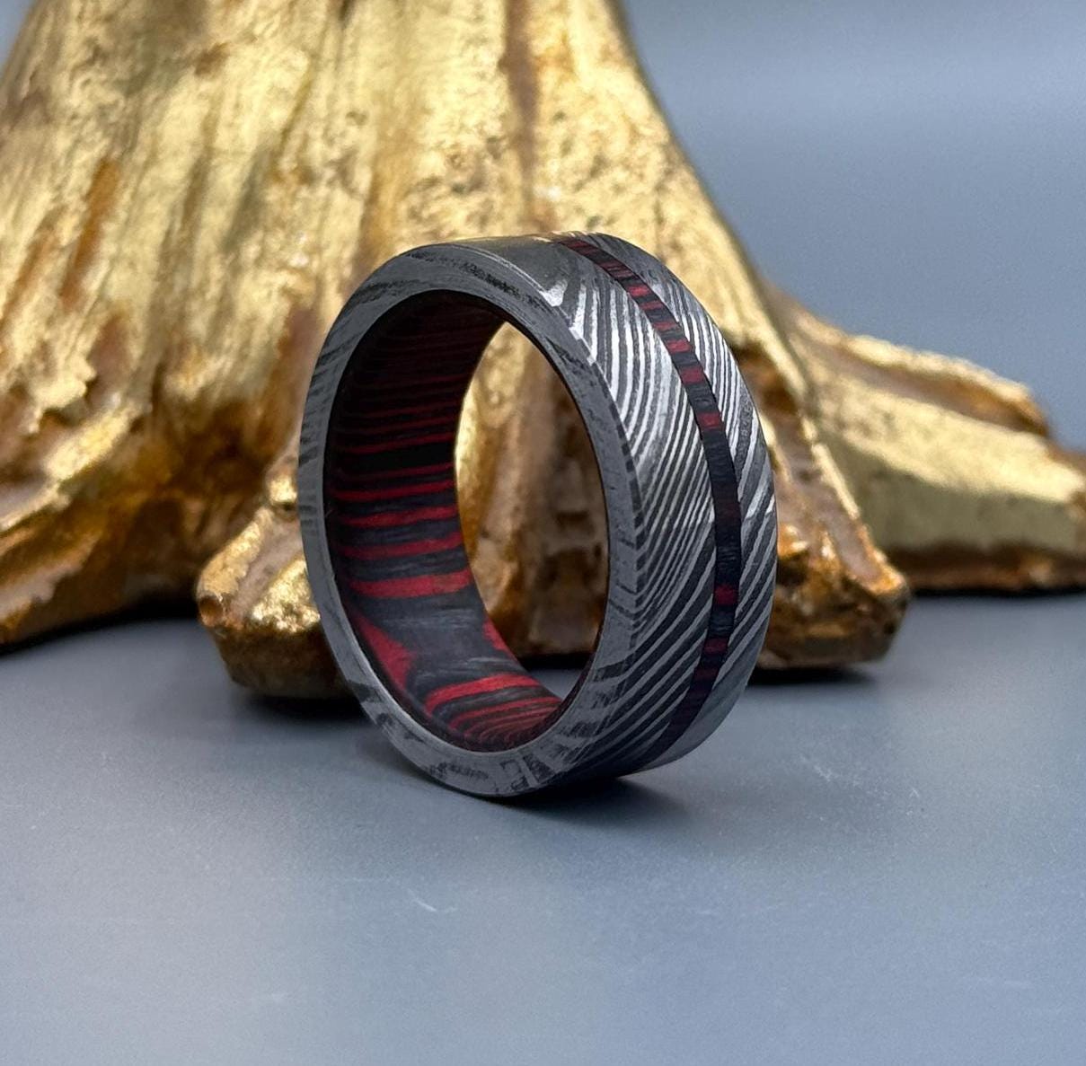 Damascus Steel Ring with Whisky Barrel Wood Inlay - 5mm to 8mm