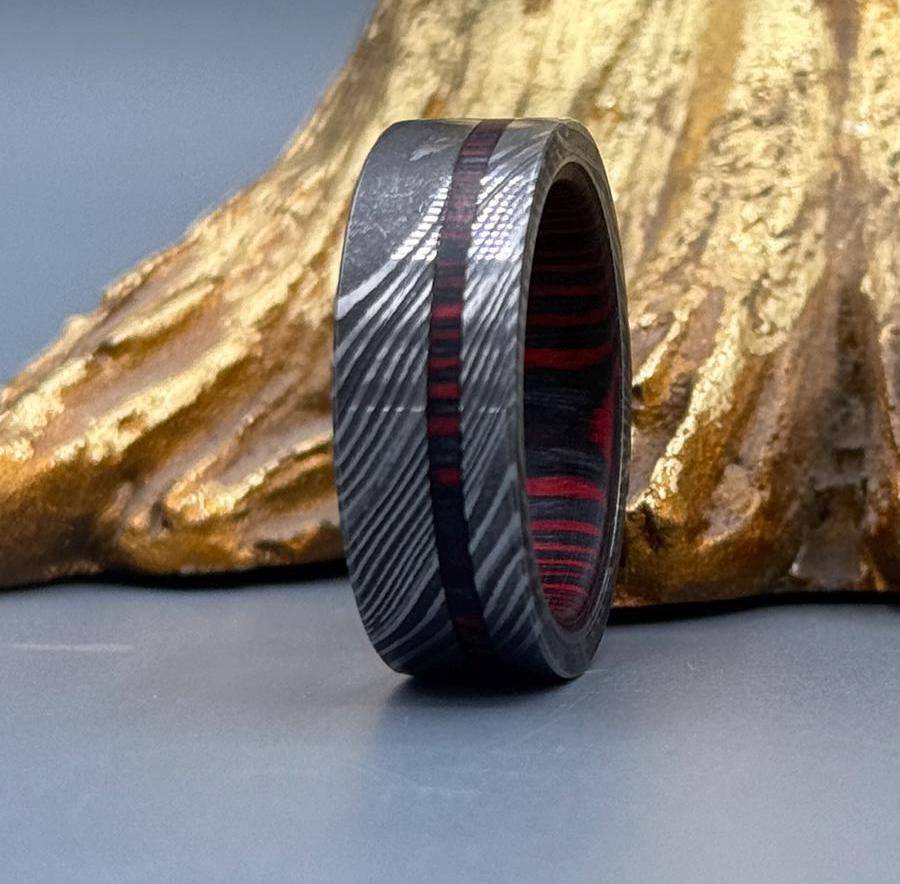Damascus Steel Ring with Whisky Barrel Wood Inlay - 5mm to 8mm
