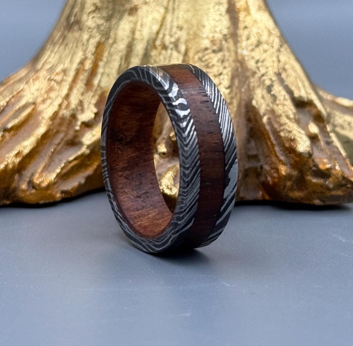 Handmade Damascus Steel Ring with Whisky Barrel Wood Inlay