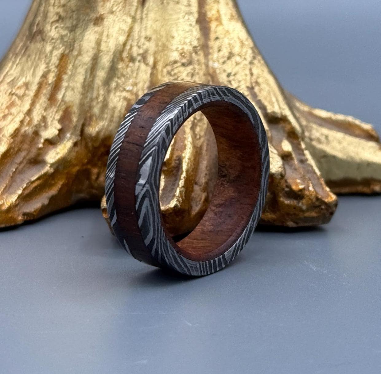 Handmade Damascus Steel Ring with Whisky Barrel Wood Inlay
