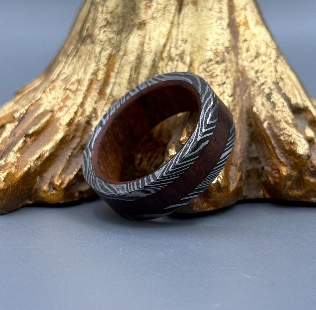 Handmade Damascus Steel Ring with Whisky Barrel Wood Inlay