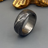 Handmade Damascus Steel Ring with Titanium Inlay - Unique Wedding Band