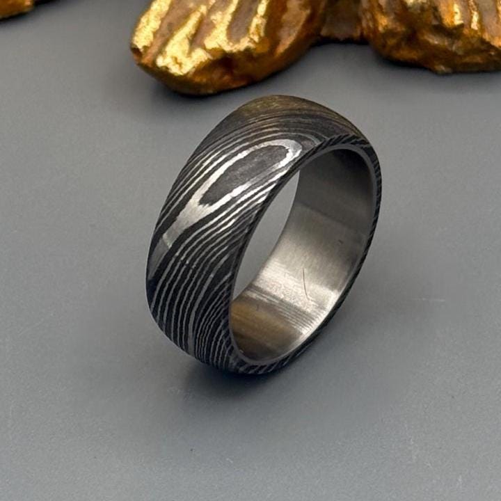 Handmade Damascus Steel Ring with Titanium Inlay - Unique Wedding Band