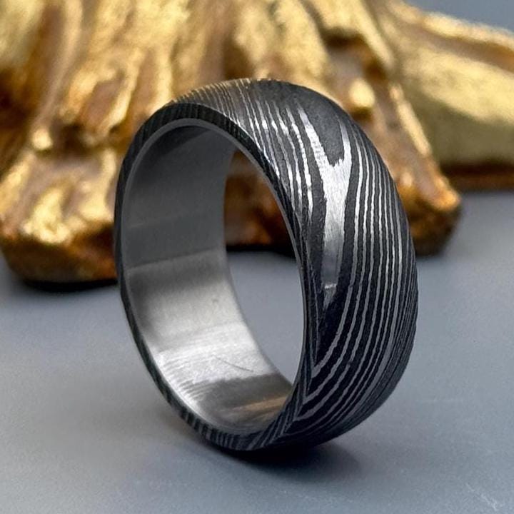 Handmade Damascus Steel Ring with Titanium Inlay - Unique Wedding Band