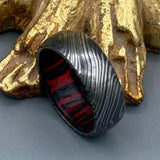 Handmade Damascus Steel Ring with Hardwood Inlay - Wedding Gift