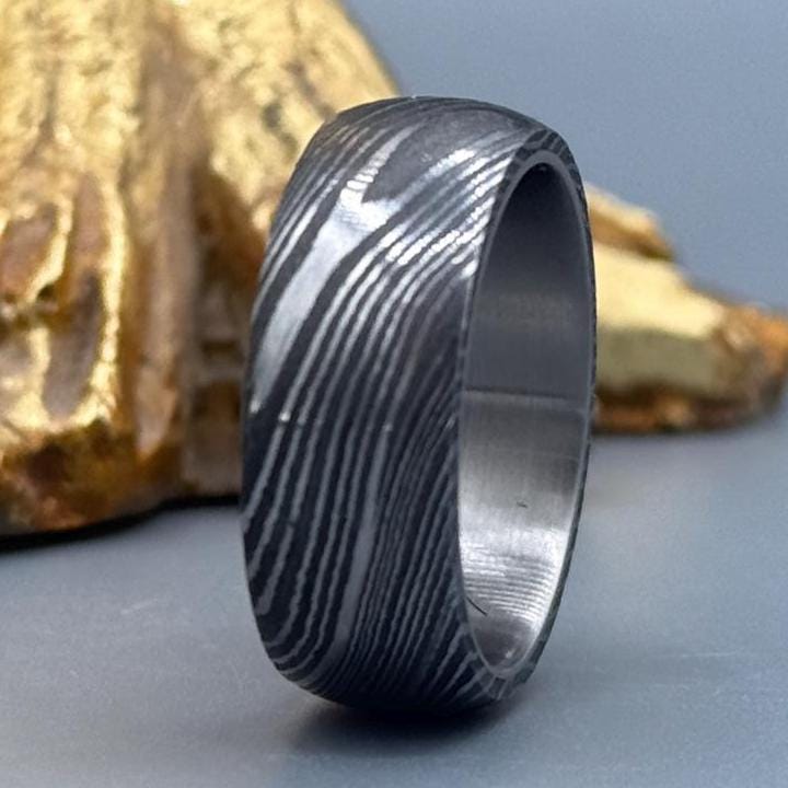 Handmade Damascus Steel Ring with Titanium Inlay - Unique Wedding Band