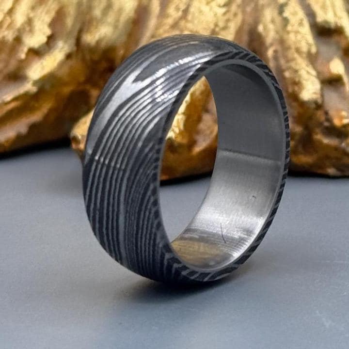 Handmade Damascus Steel Ring with Titanium Inlay - Unique Wedding Band