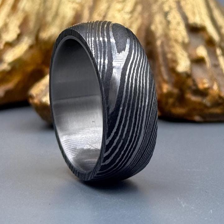 Handmade Damascus Steel Ring with Titanium Inlay - Unique Wedding Band