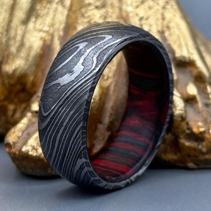 Handmade Damascus Steel Ring with Hardwood Inlay - Wedding Gift