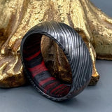 Handmade Damascus Steel Ring with Hardwood Inlay - Wedding Gift