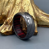 Handmade Damascus Steel Ring with Hardwood Inlay - Wedding Gift