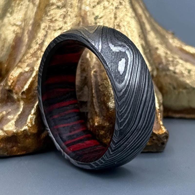 Handmade Damascus Steel Ring with Hardwood Inlay - Wedding Gift