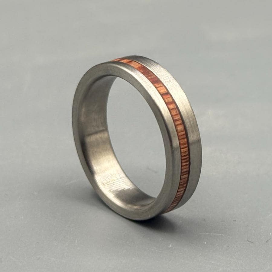 Minimalist Titanium Ring: Brushed Finish with Whisky Barrel Wood Inlay