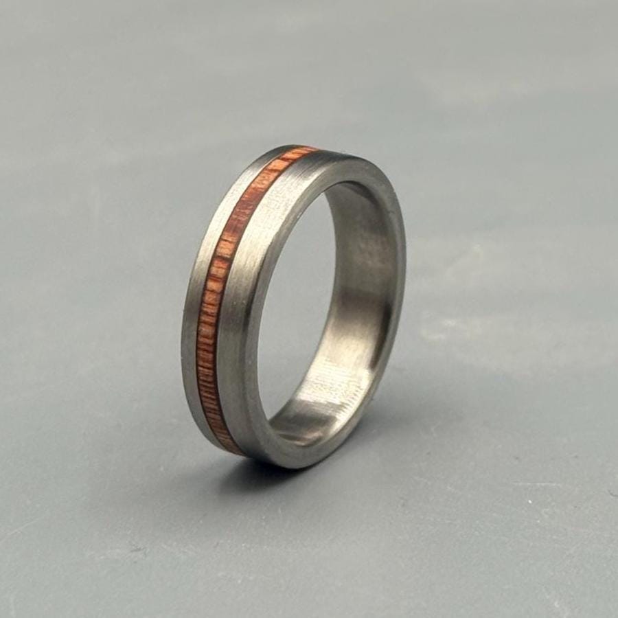 Minimalist Titanium Ring: Brushed Finish with Whisky Barrel Wood Inlay