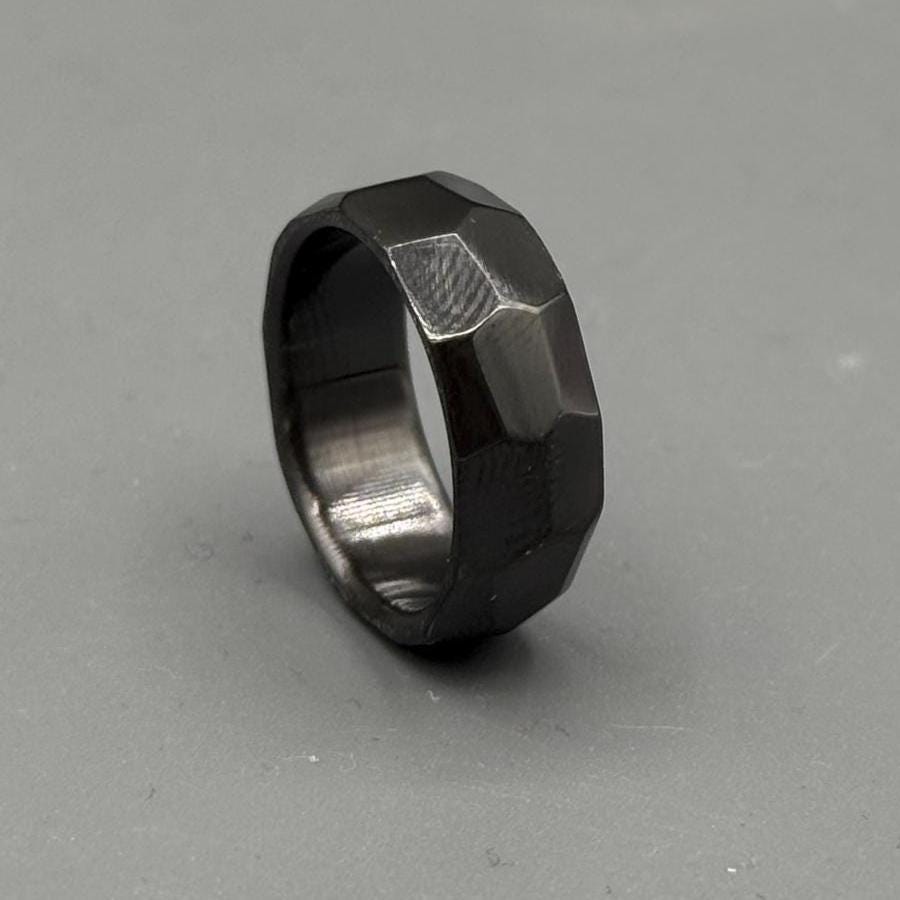 Faceted Black Zirconium Ring: Handmade Minimalist Wedding Band