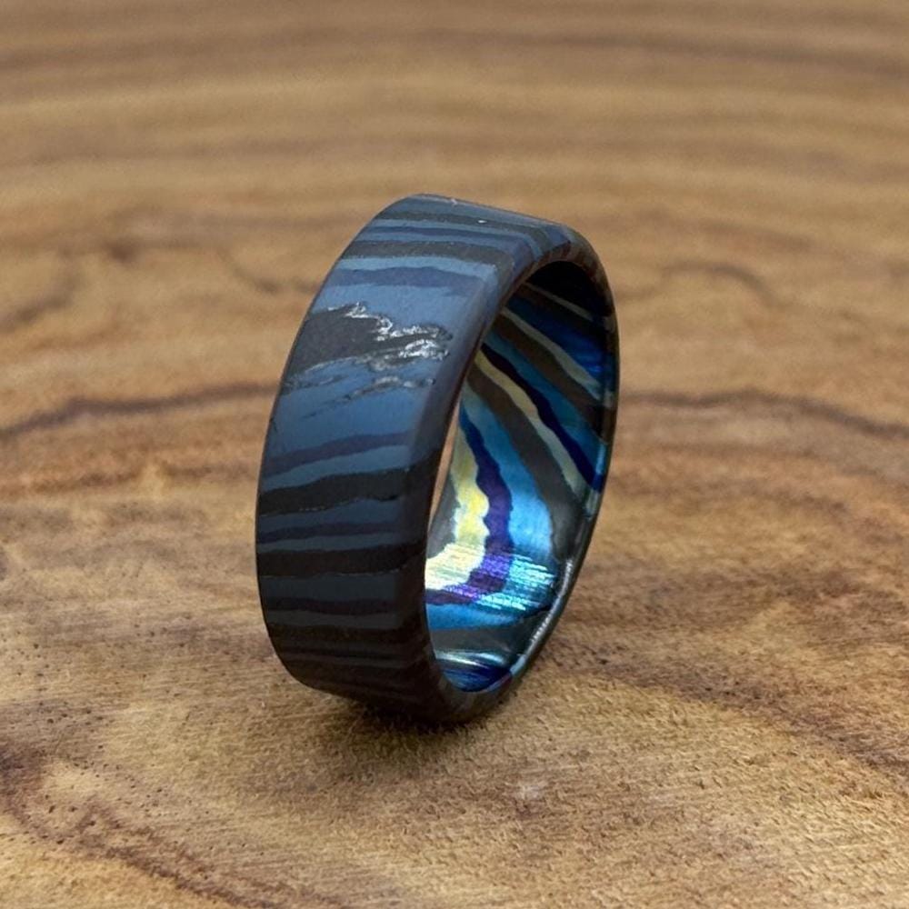 Handmade Zircuti Timascus Ring: Unique Black Damascus Titanium Band