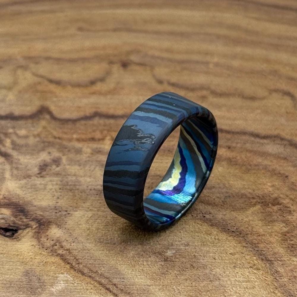 Handmade Zircuti Timascus Ring: Unique Black Damascus Titanium Band