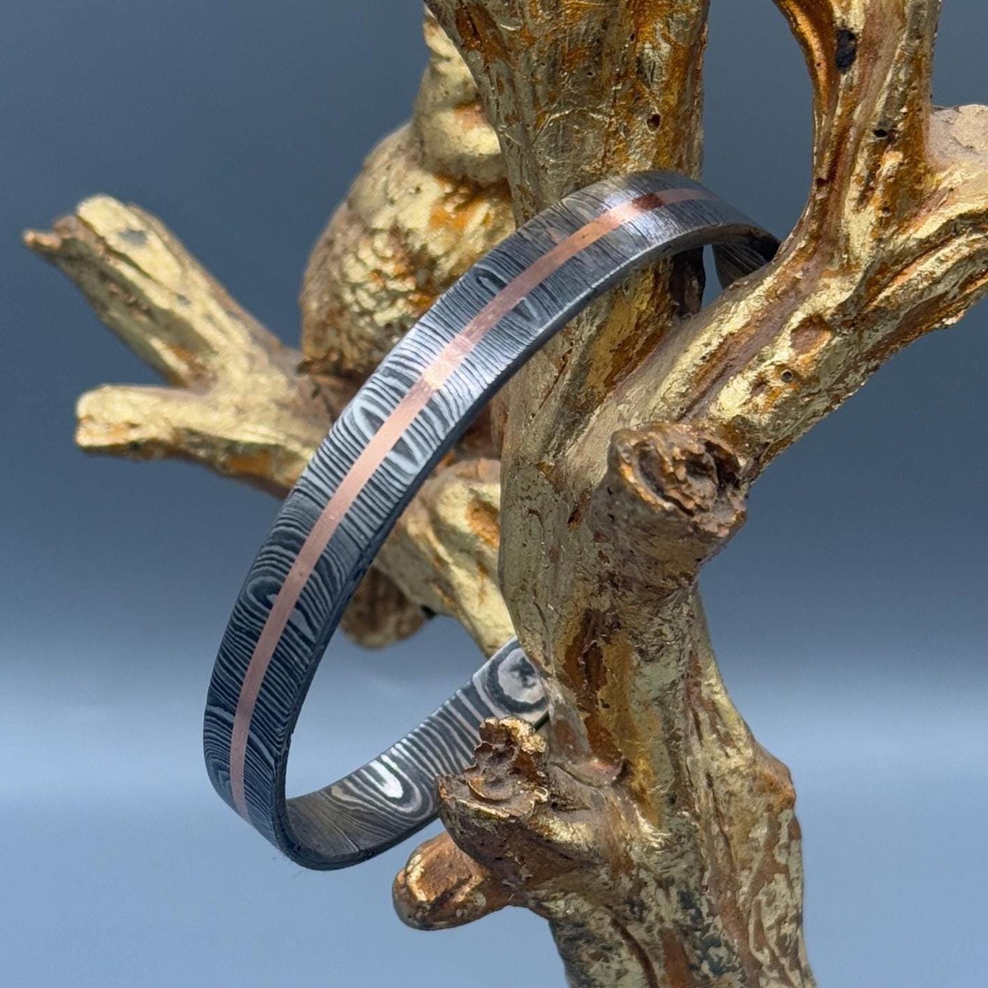 Hand Forged Damascus Steel Cuff Bracelet with Copper
