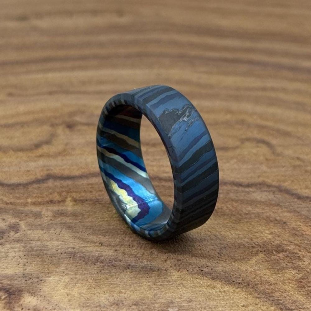 Handmade Zircuti Timascus Ring: Unique Black Damascus Titanium Band