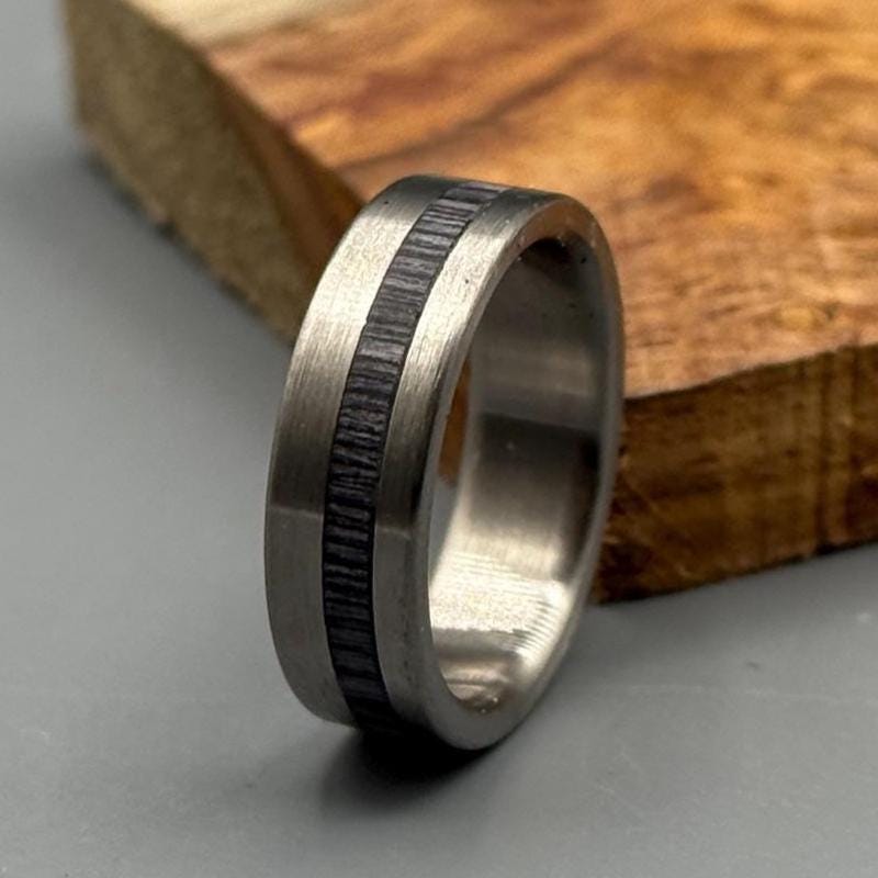 Minimalist Titanium Ring: Black Wood Inlay, Brushed Finish
