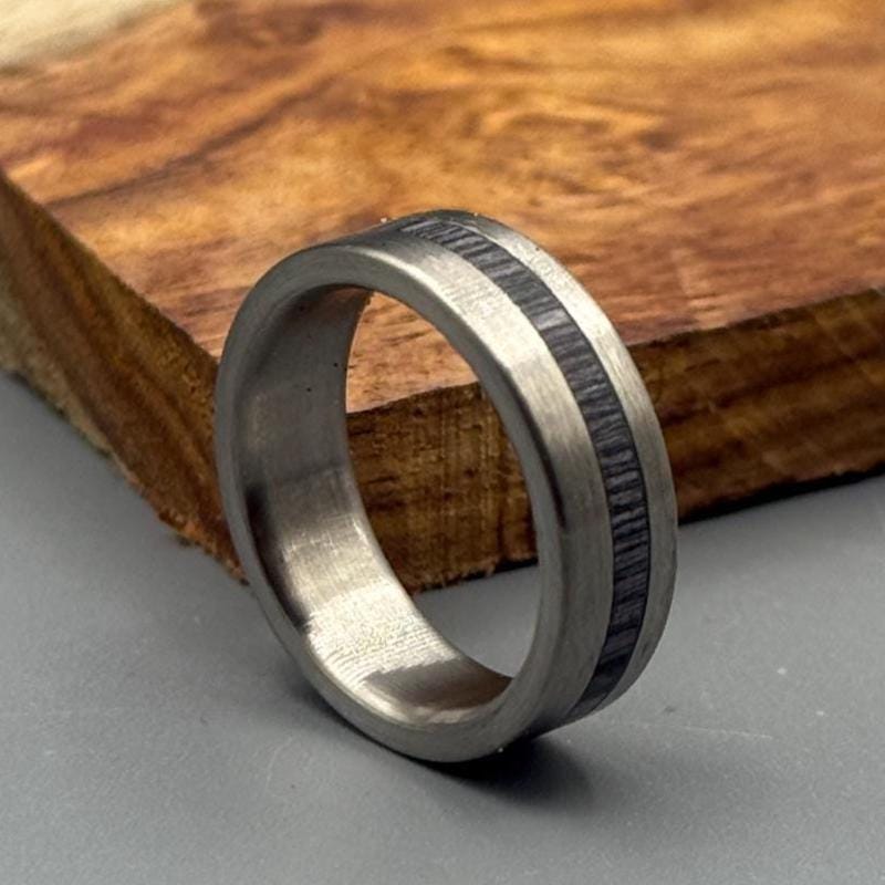 Minimalist Titanium Ring: Black Wood Inlay, Brushed Finish