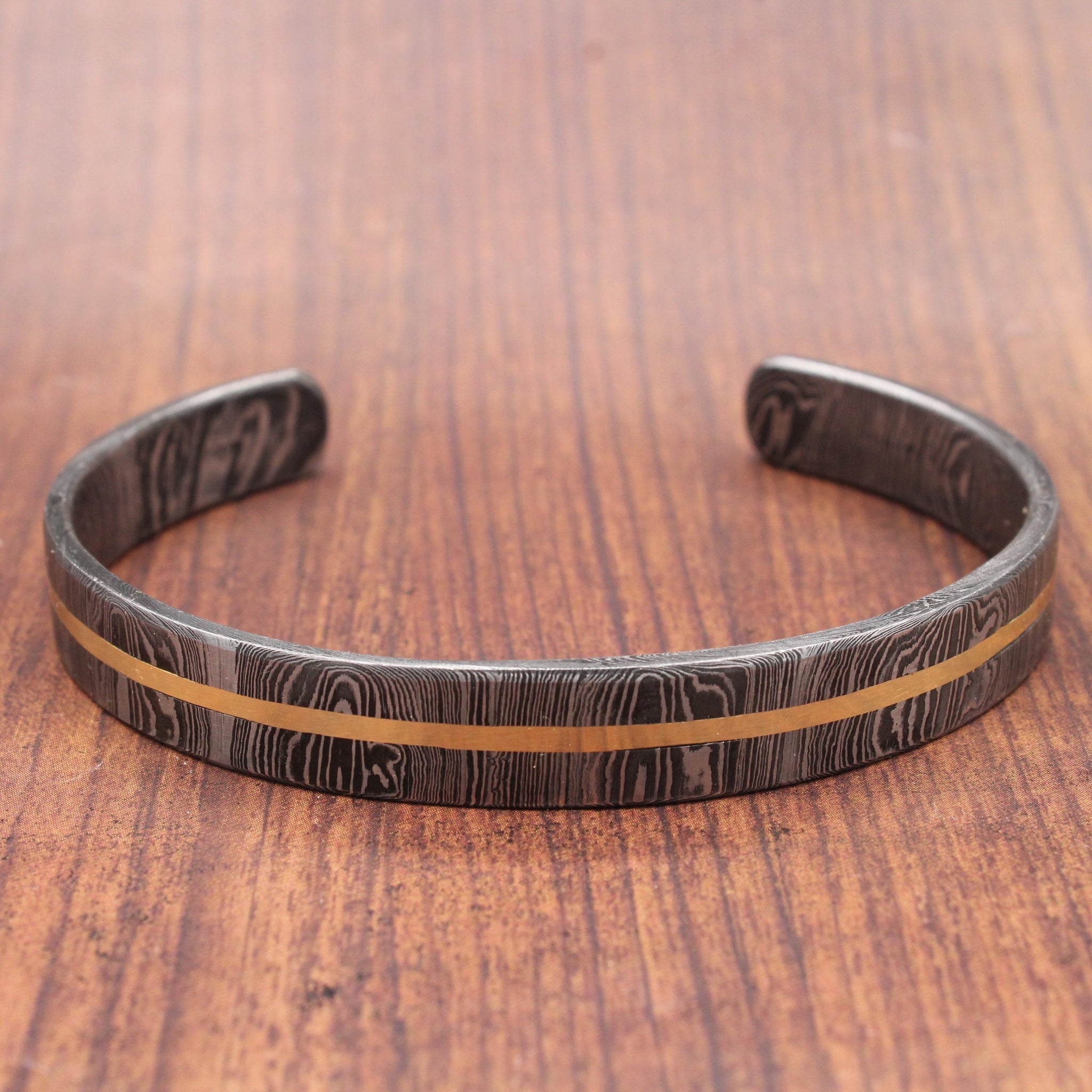 Hand Forged Damascus Steel Cuff Bracelet with Copper Inlay
