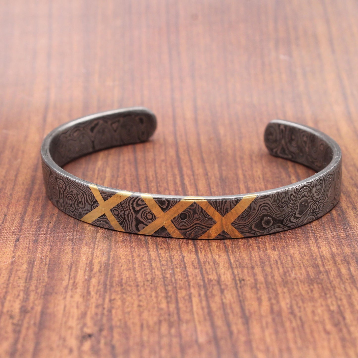 Hand Forged Damascus Steel Cuff Bracelet: Brass Inlay Viking Jewelry