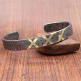 Hand Forged Damascus Steel Cuff Bracelet: Brass Inlay Viking Jewelry