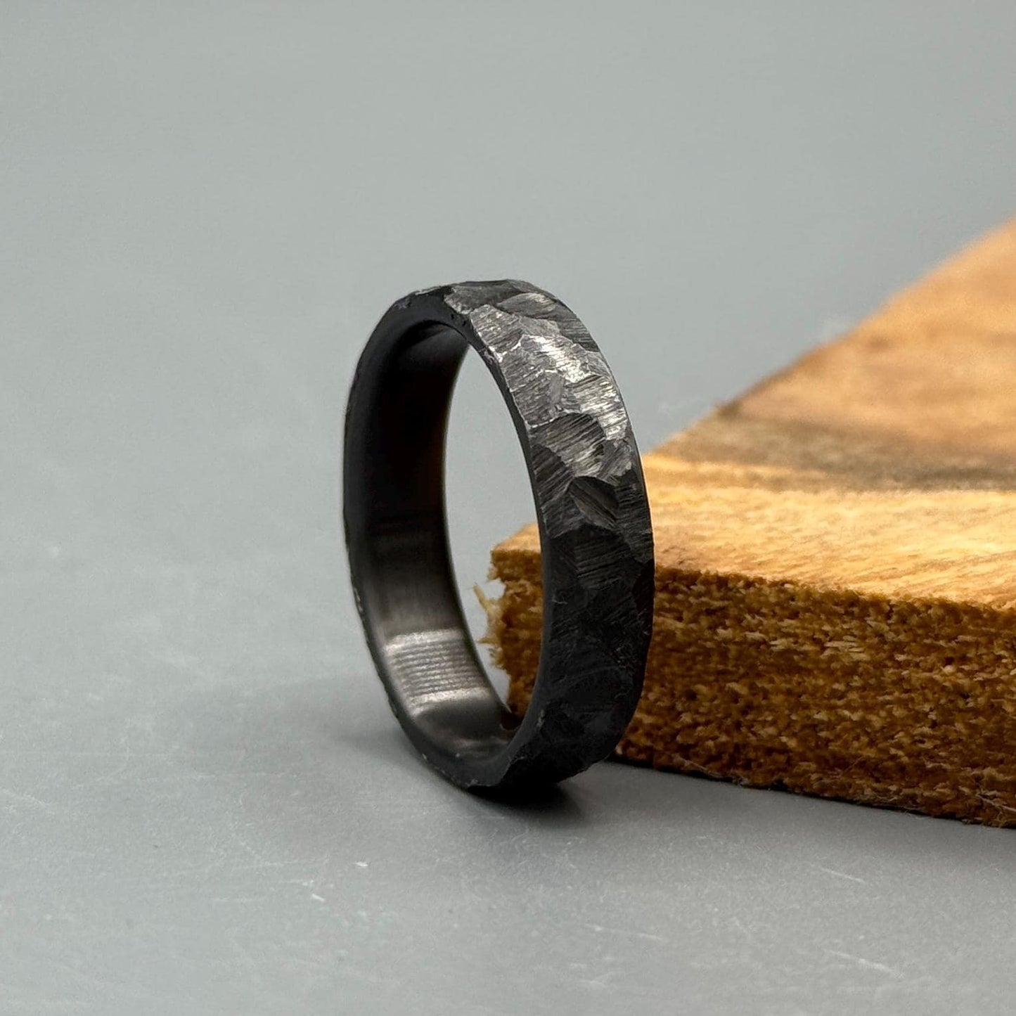 Hammered Black Zirconium Ring: Industrial Minimalist Wedding Band