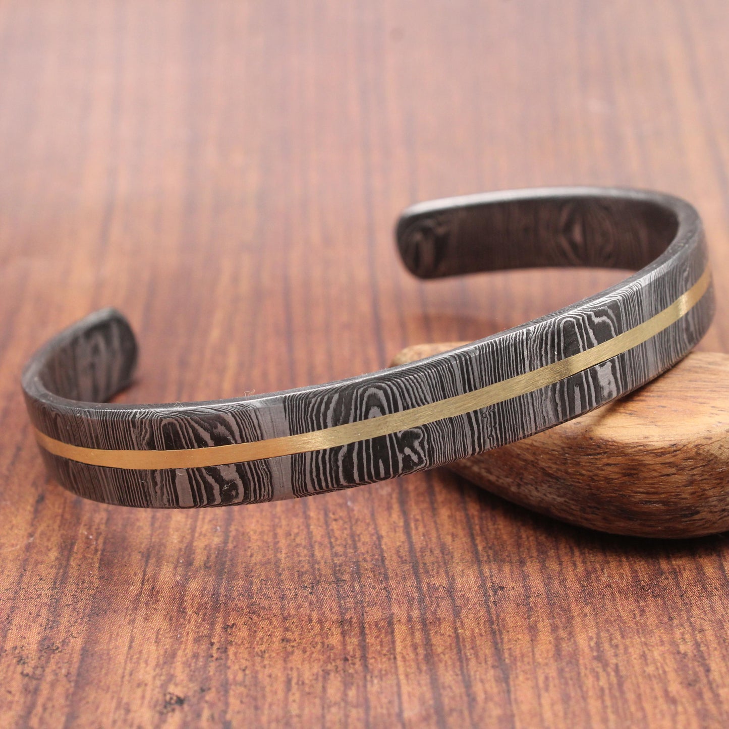 Hand Forged Damascus Steel Cuff Bracelet with Copper Inlay