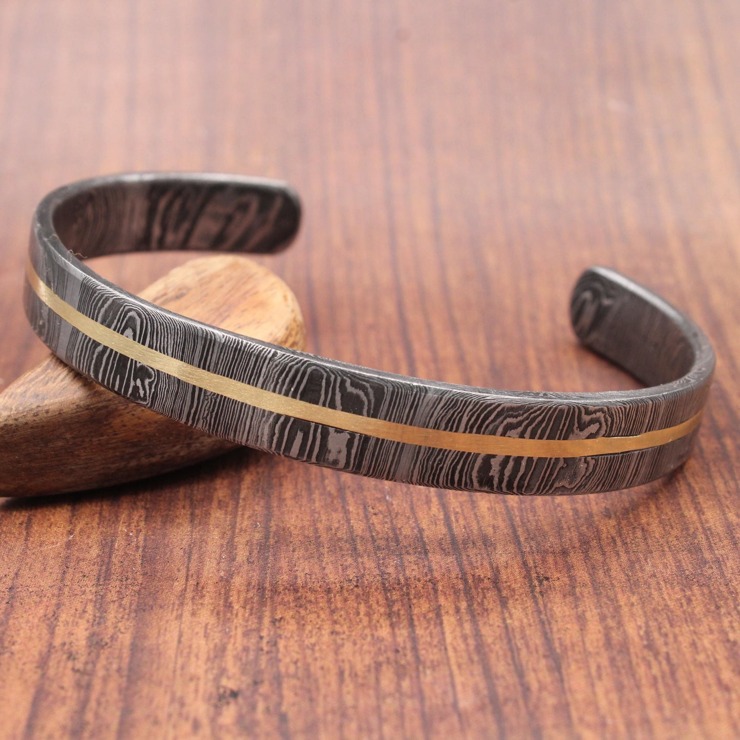 Hand Forged Damascus Steel Cuff Bracelet with Copper Inlay