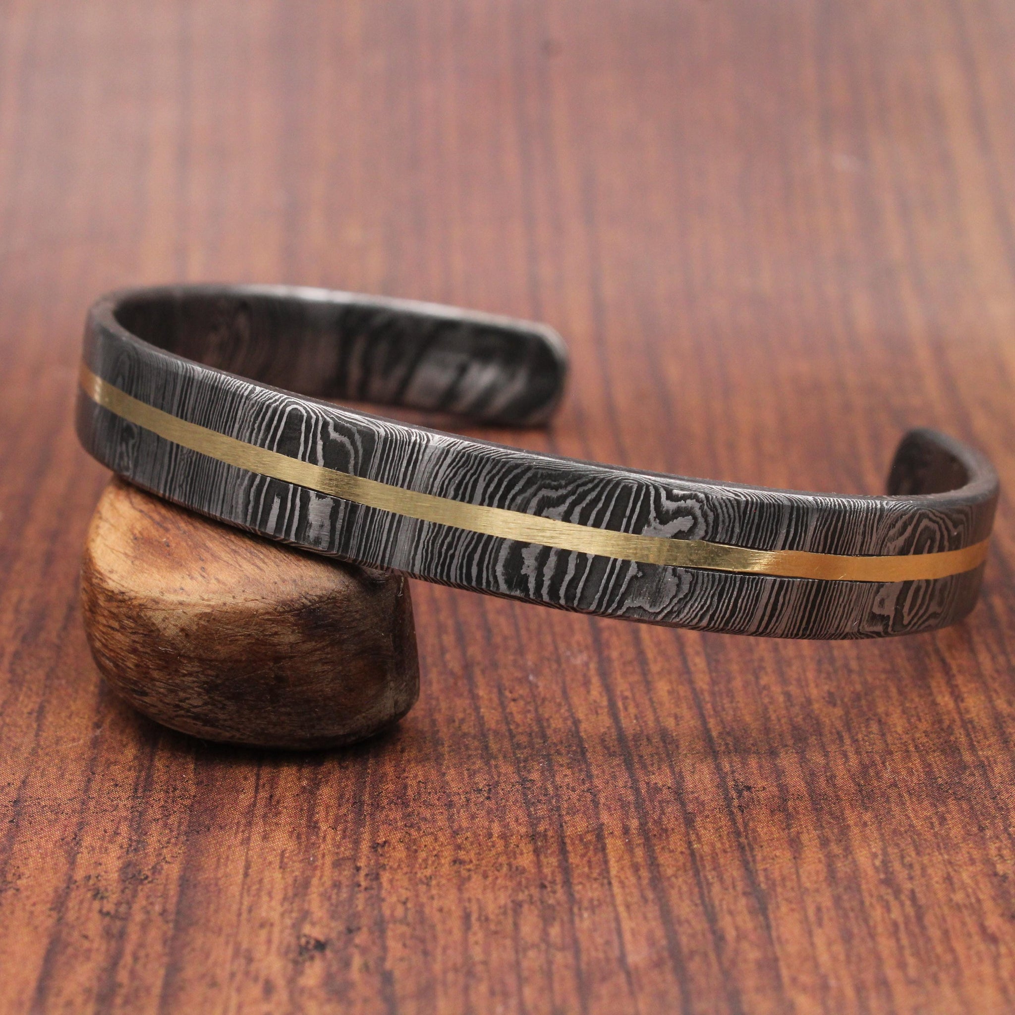 Hand Forged Damascus Steel Cuff Bracelet with Copper Inlay
