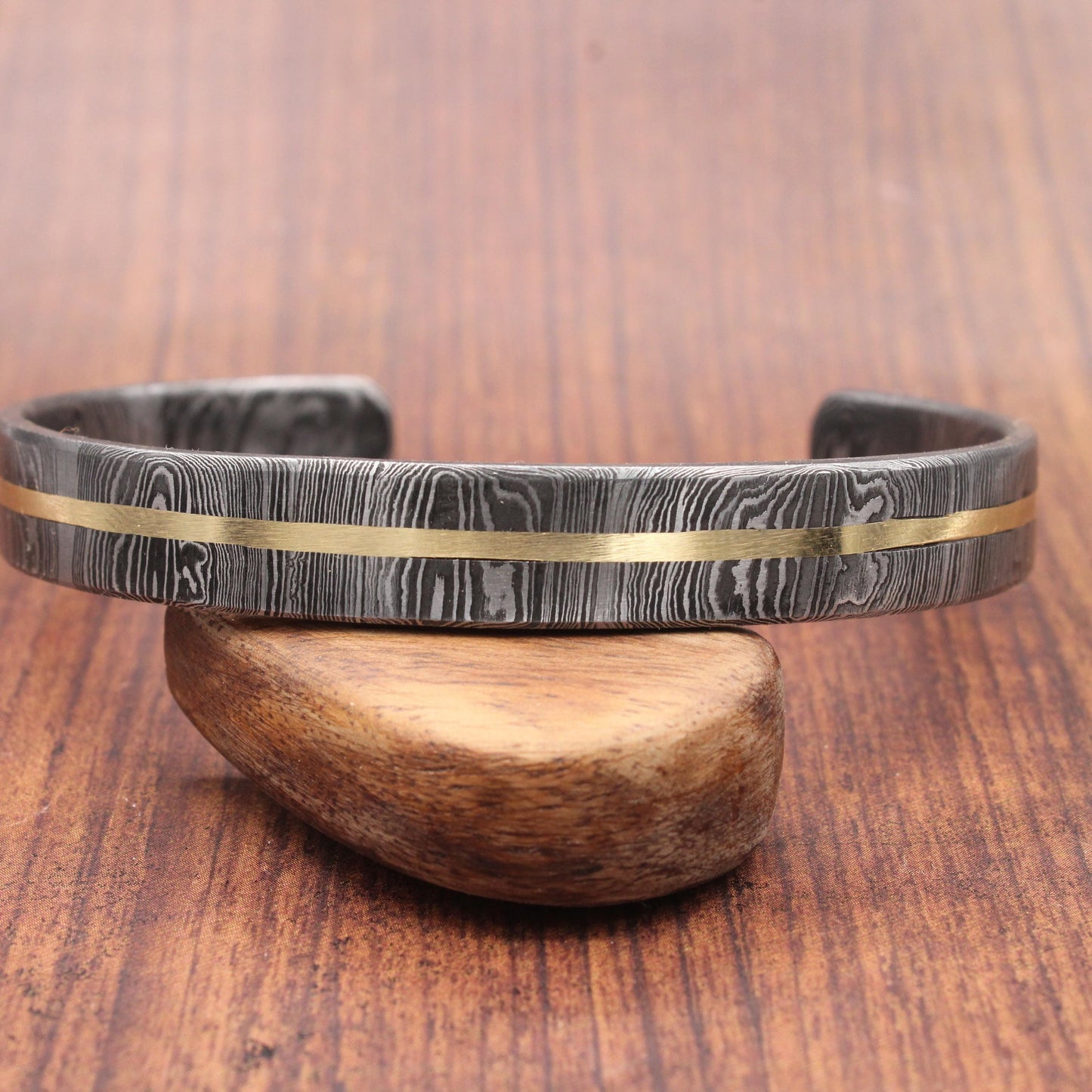 Hand Forged Damascus Steel Cuff Bracelet with Copper Inlay