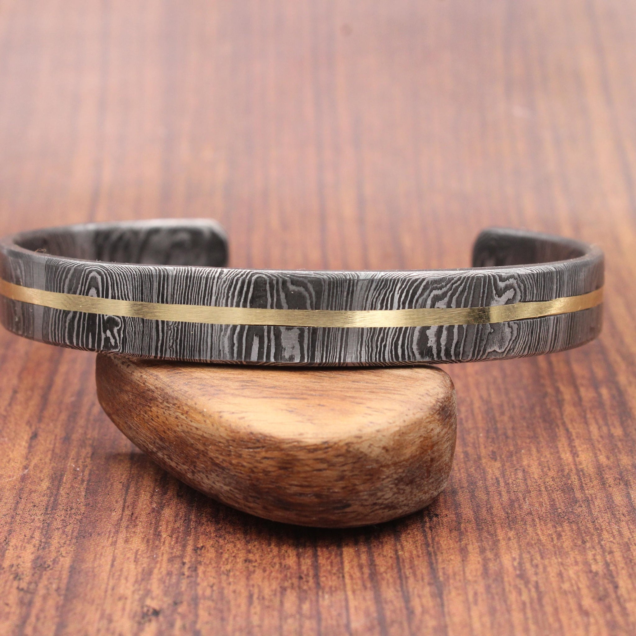 Hand Forged Damascus Steel Cuff Bracelet with Copper Inlay