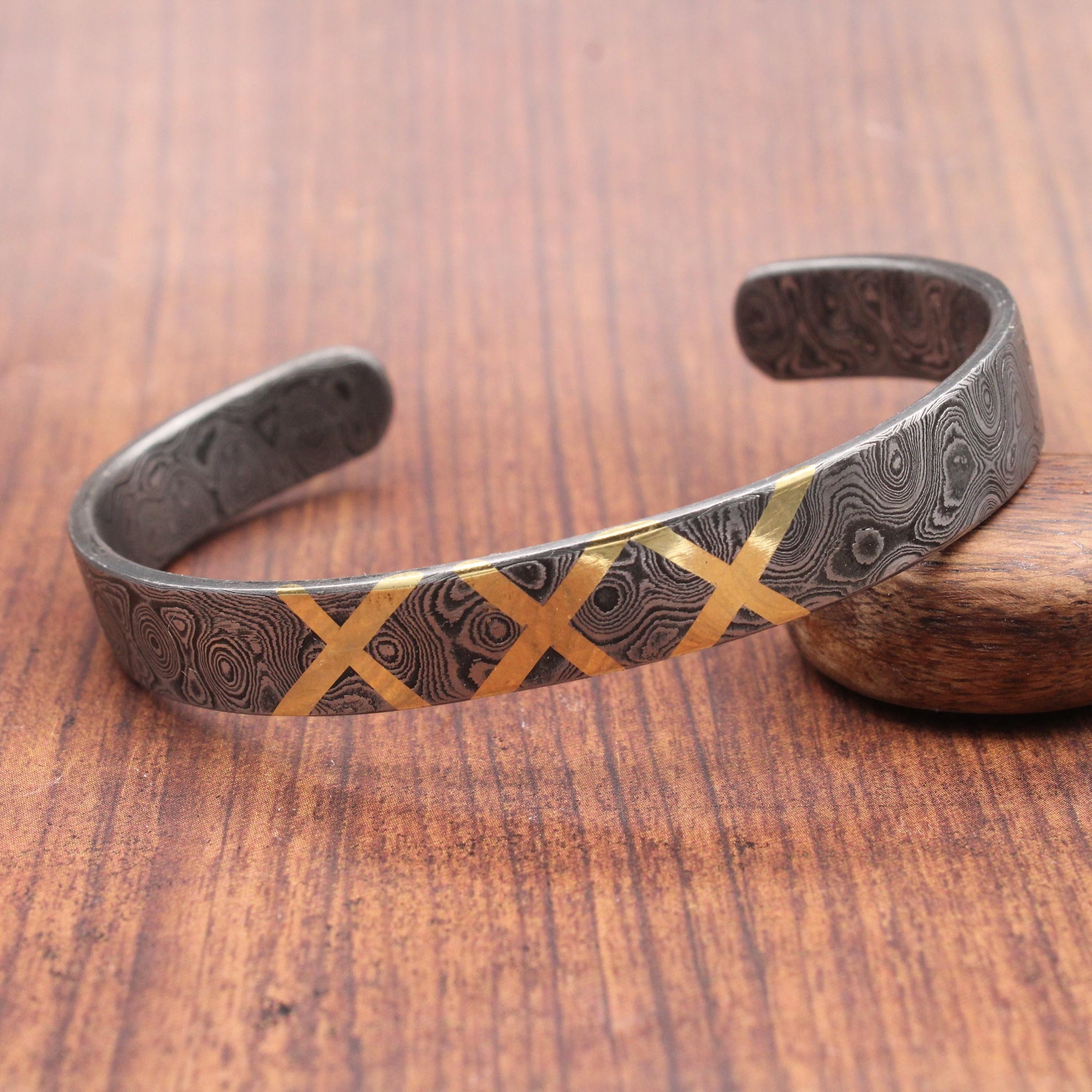 Hand Forged Damascus Steel Cuff Bracelet: Brass Inlay Viking Jewelry
