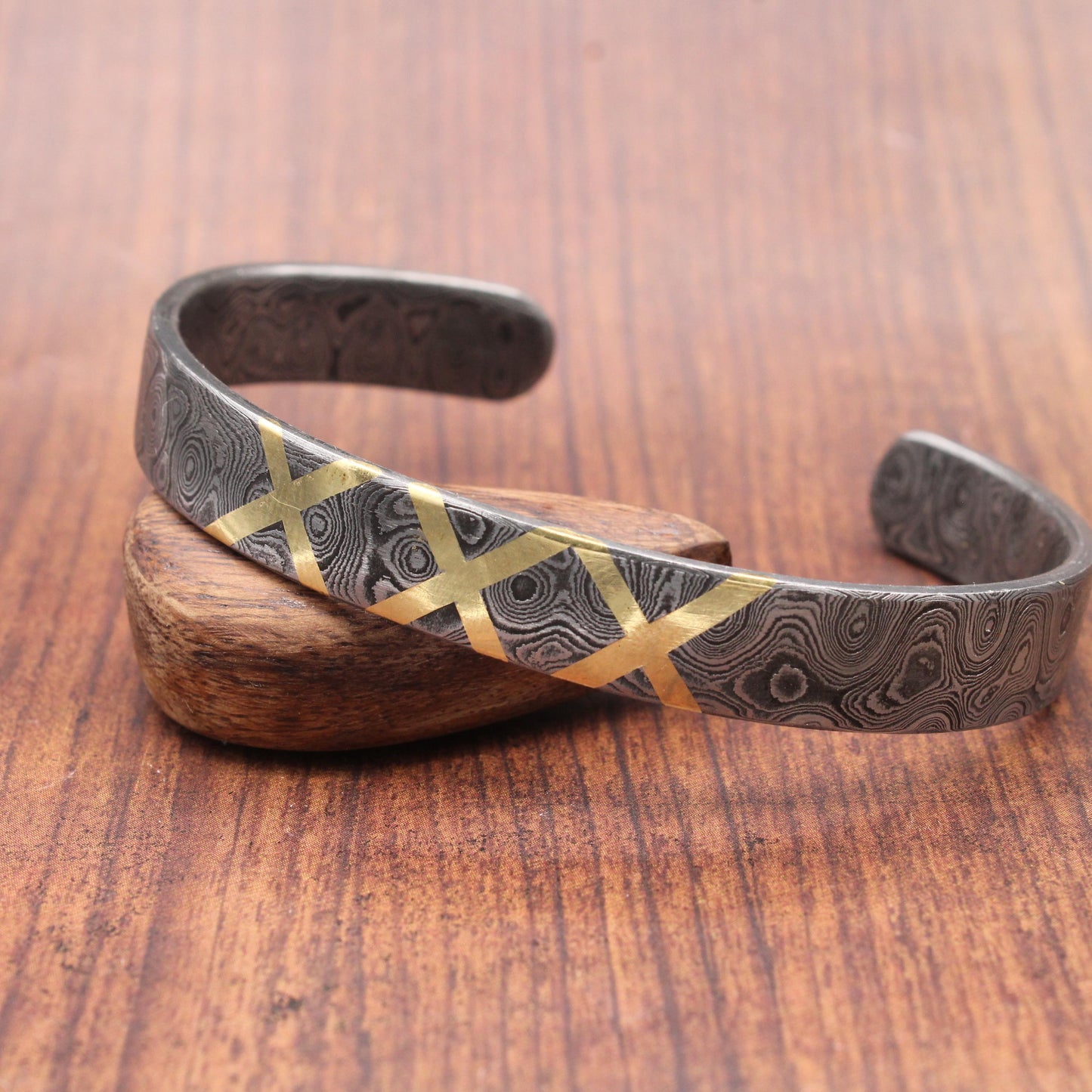 Hand Forged Damascus Steel Cuff Bracelet: Brass Inlay Viking Jewelry