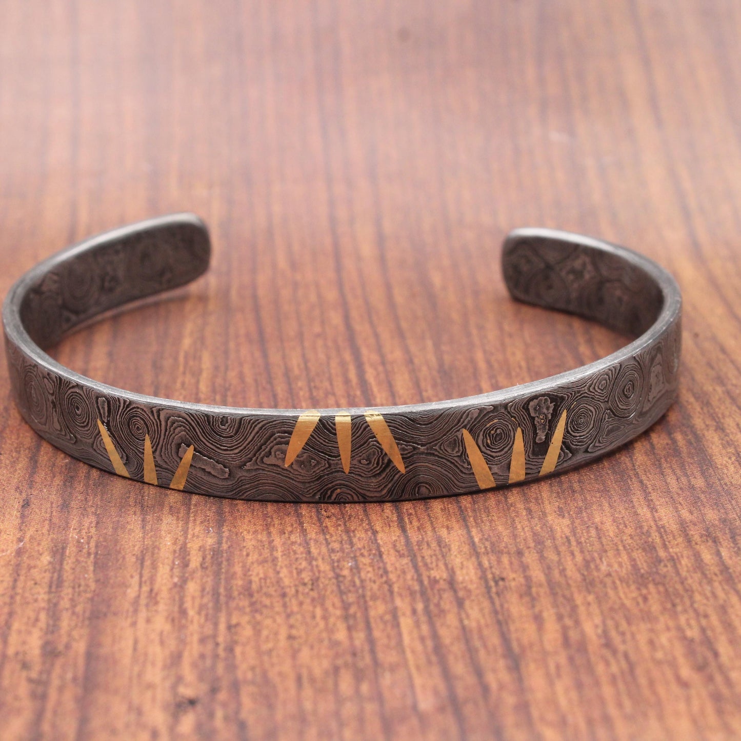 Hand Forged Damascus Steel Cuff Bracelet with Brass Inlay