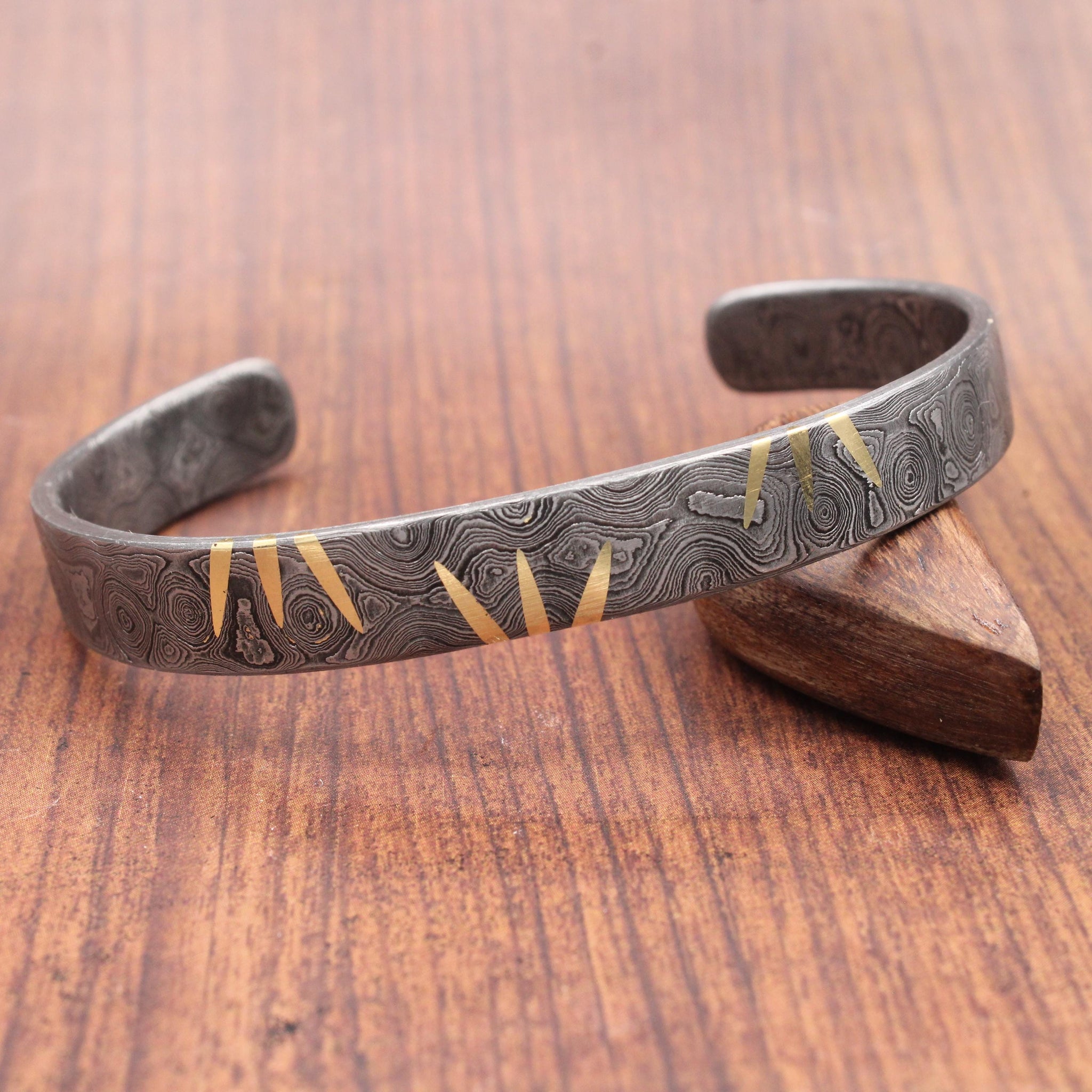 Hand Forged Damascus Steel Cuff Bracelet with Brass Inlay
