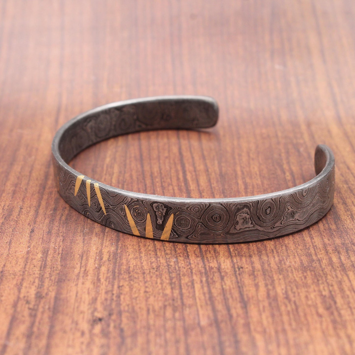 Hand Forged Damascus Steel Cuff Bracelet with Brass Inlay
