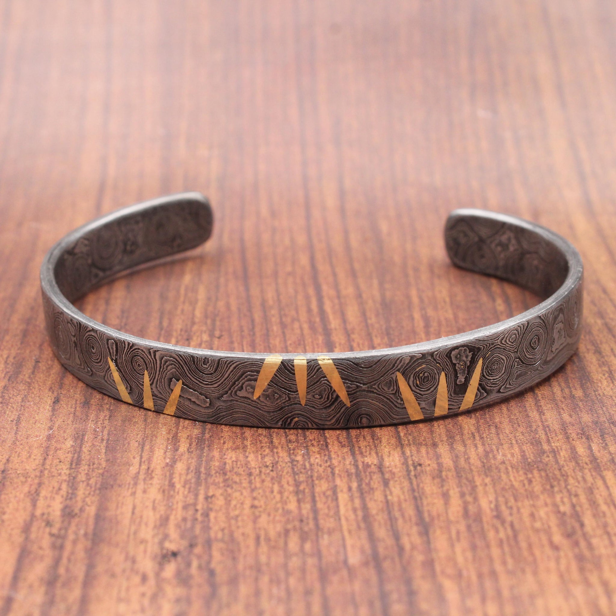 Hand Forged Damascus Steel Cuff Bracelet with Brass Inlay
